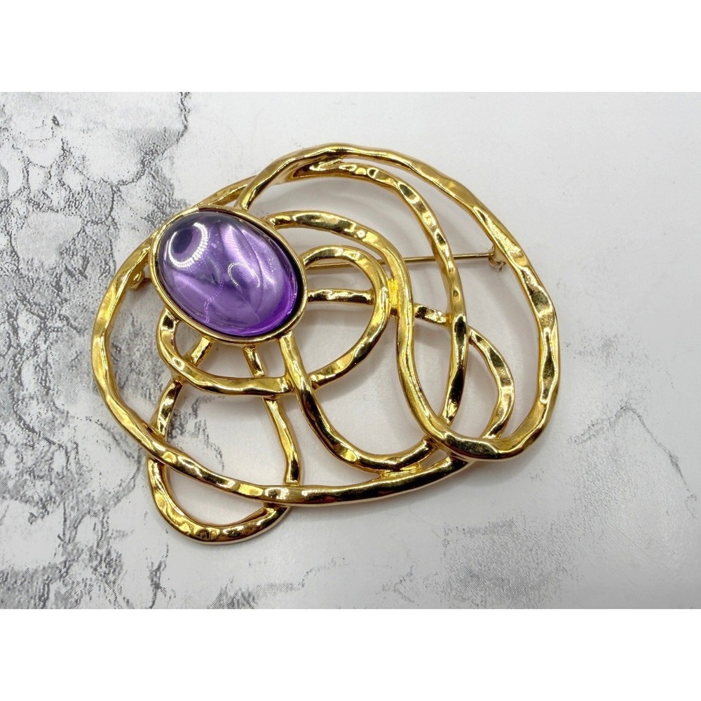 Vintage Gold Tone Swirl Brooch Purple Cabochon Statement Pin 3 Inch
